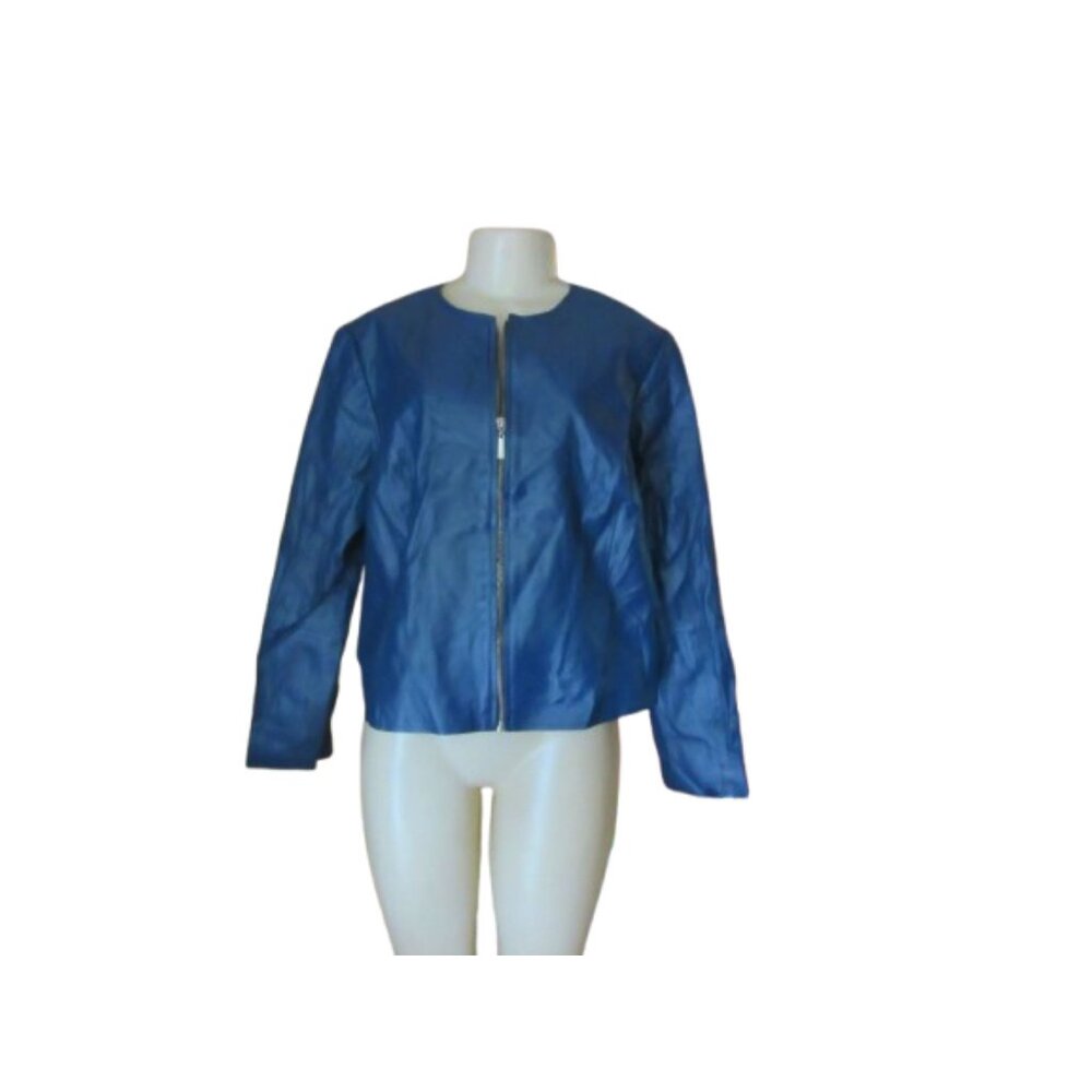 New w Tags, Jessica London Outerwear Blue Full Zip Leather Jacket Size 18W